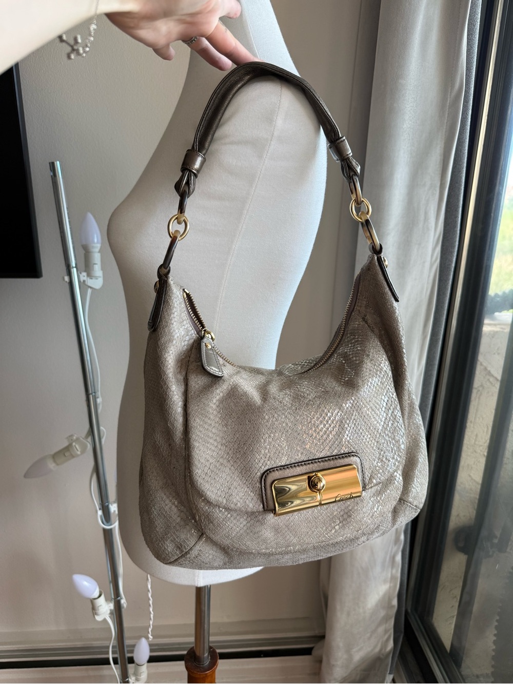 Coach Metallic Taupe Shoulder Hobo with Gold Hardware